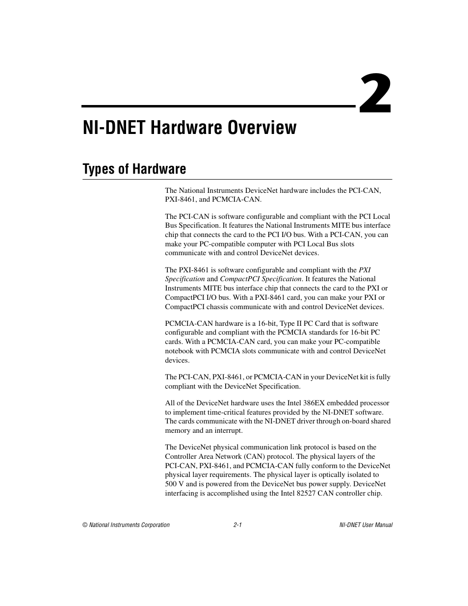 Chapter 2 ni-dnet hardware overview, Types of hardware, Types of hardware -1 | Ni-dnet hardware overview | National Instruments NI-DNET User Manual | Page 18 / 86