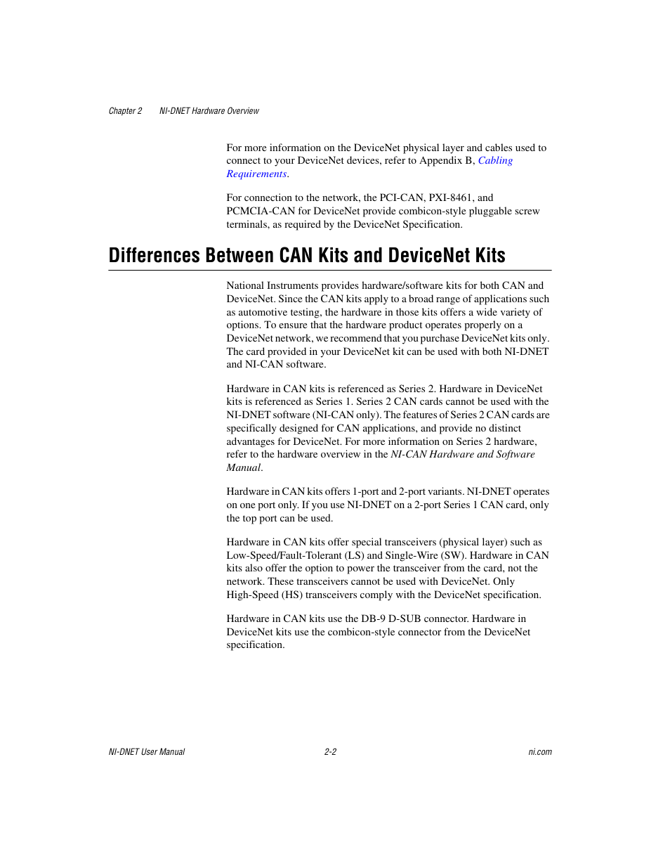 Differences between can kits and devicenet kits, Differences between can kits and devicenet kits -2 | National Instruments NI-DNET User Manual | Page 19 / 86