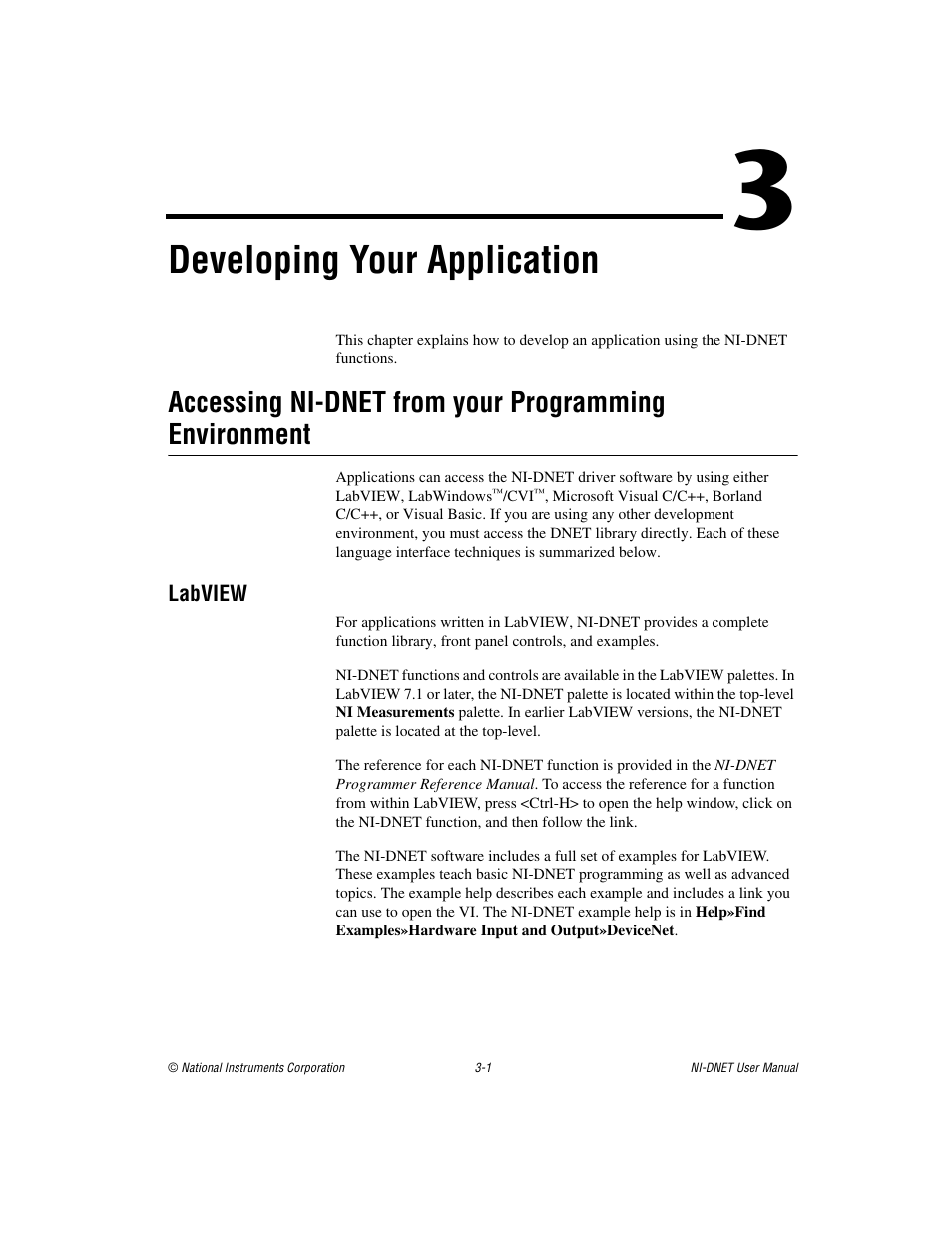 Chapter 3 developing your application, Labview, Labview -1 | Developing your application | National Instruments NI-DNET User Manual | Page 20 / 86
