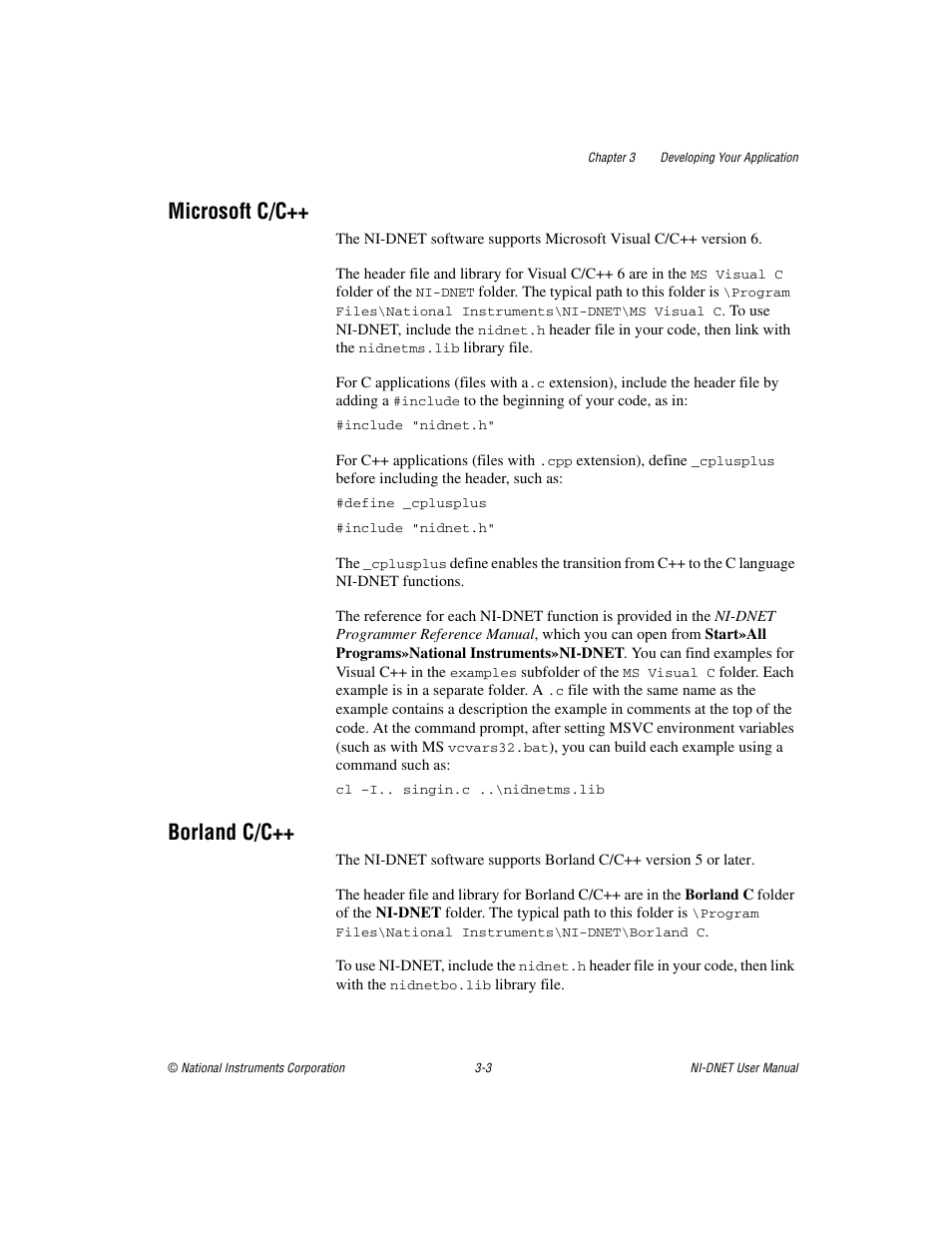 Microsoft c/c, Borland c/c, Microsoft c/c++ -3 borland c/c++ -3 | National Instruments NI-DNET User Manual | Page 22 / 86