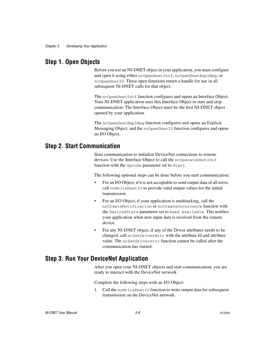 Step 1. open objects, Step 2. start communication, Step 3. run your devicenet application | National Instruments NI-DNET User Manual | Page 27 / 86