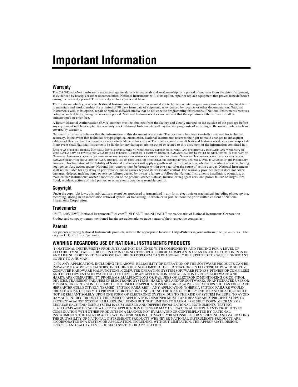 Important information, Warranty, Copyright | Trademarks, Patents | National Instruments NI-DNET User Manual | Page 3 / 86