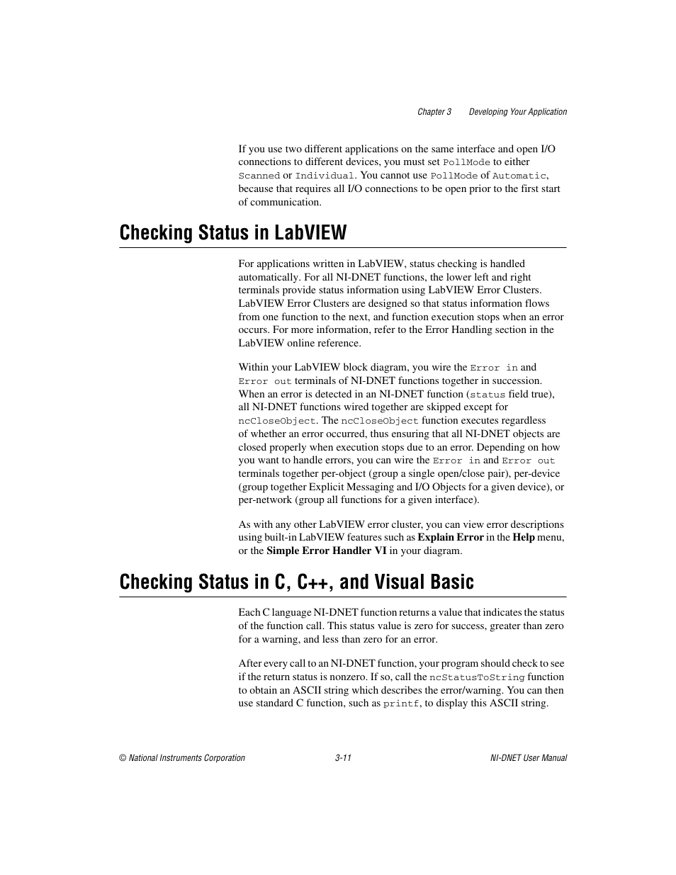 Checking status in labview, Checking status in c, c++, and visual basic | National Instruments NI-DNET User Manual | Page 30 / 86