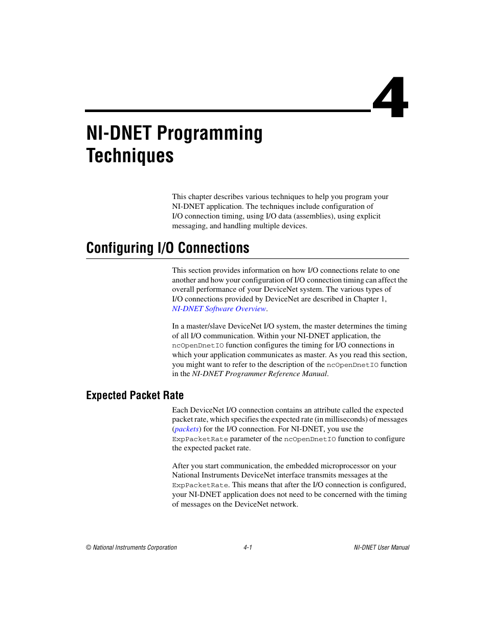 Chapter 4 ni-dnet programming techniques, Configuring i/o connections, Expected packet rate | Configuring i/o connections -1, Expected packet rate -1, Ni-dnet programming techniques | National Instruments NI-DNET User Manual | Page 32 / 86