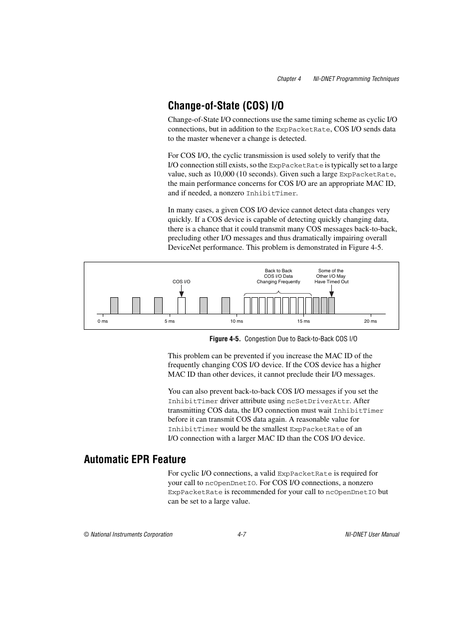 Change-of-state (cos) i/o, Figure 4-5. congestion due to back-to-back cos i/o, Automatic epr feature | Change-of-state (cos) i/o -7, Automatic epr feature -7 | National Instruments NI-DNET User Manual | Page 38 / 86