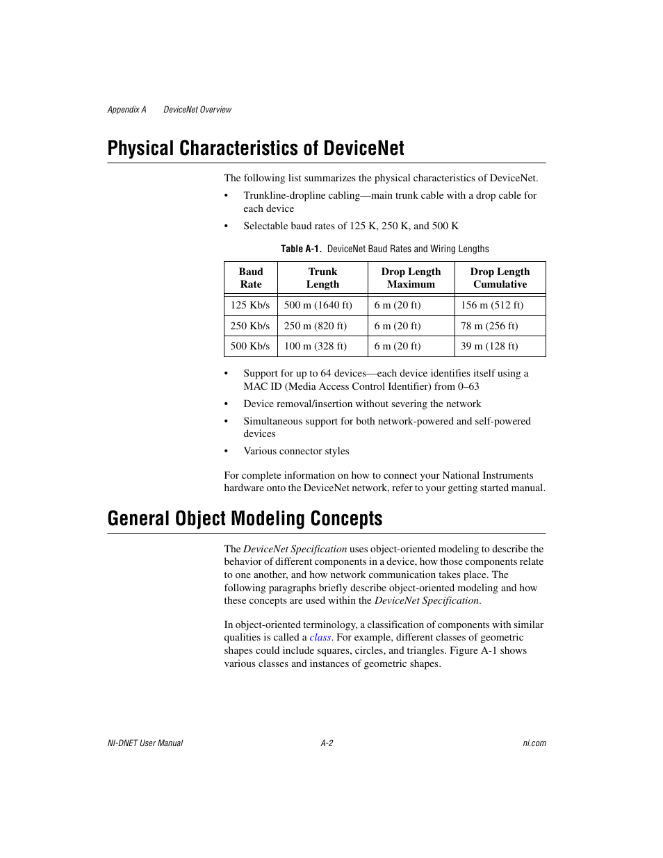 Table a-1. devicenet baud rates and wiring lengths, Physical characteristics of devicenet, General object modeling concepts | National Instruments NI-DNET User Manual | Page 49 / 86