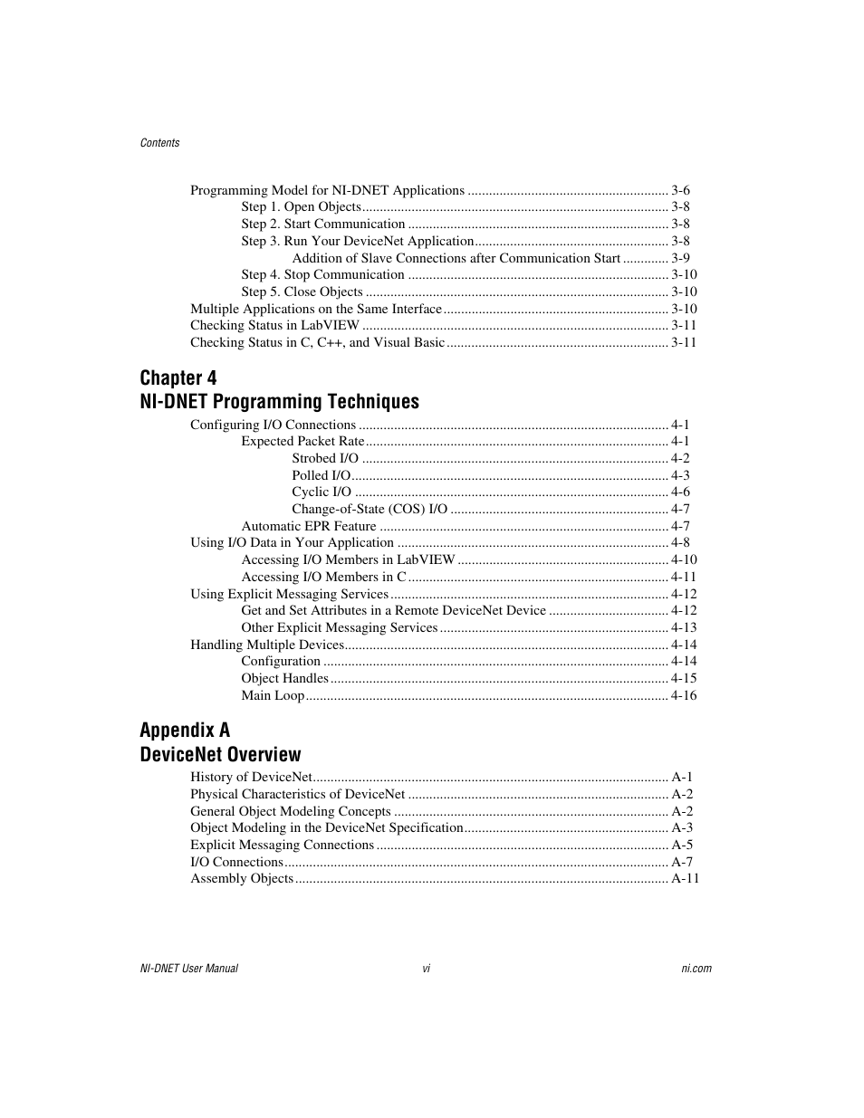 Chapter 4 ni-dnet programming techniques, Appendix a devicenet overview | National Instruments NI-DNET User Manual | Page 5 / 86