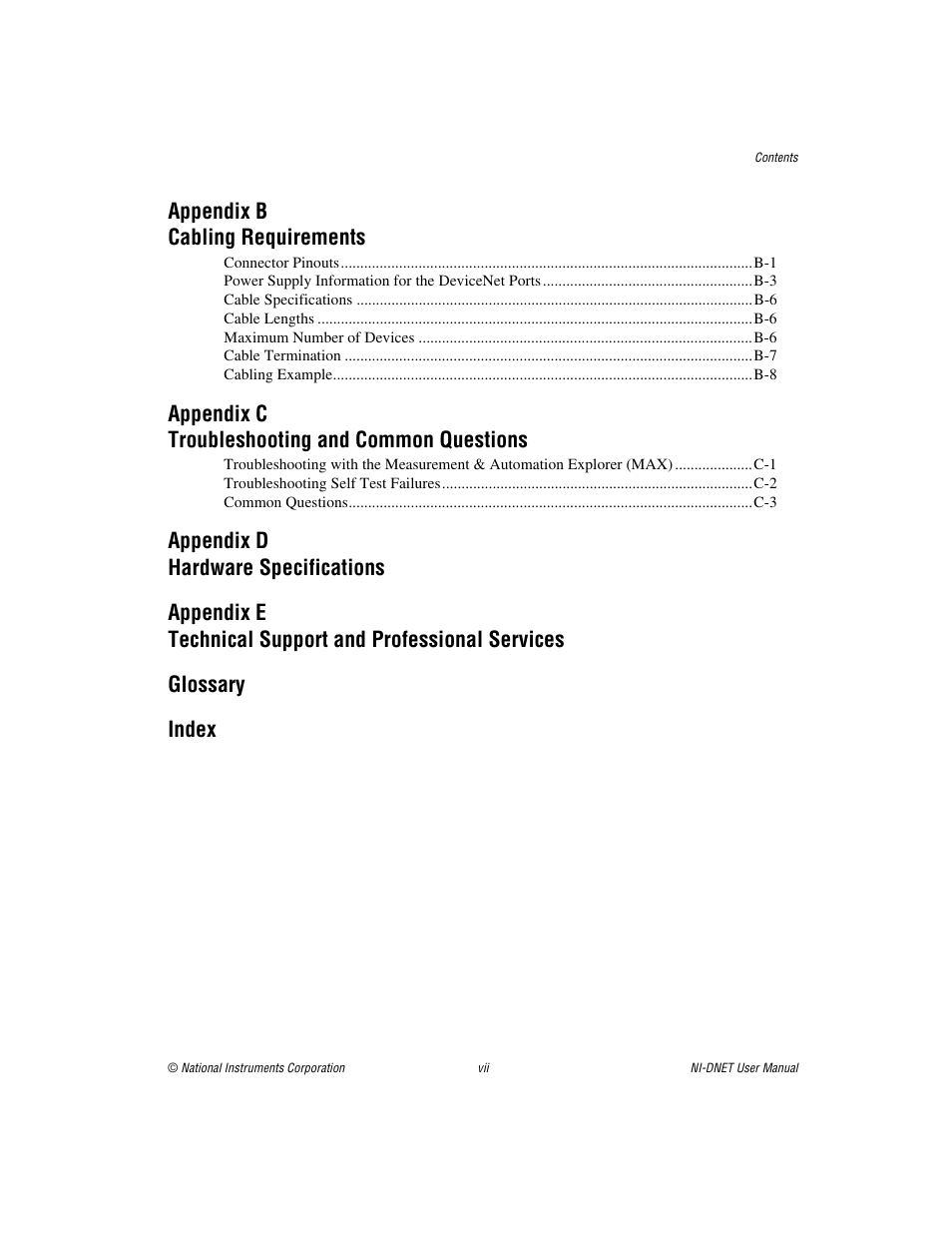 Appendix b cabling requirements, Appendix c troubleshooting and common questions | National Instruments NI-DNET User Manual | Page 6 / 86