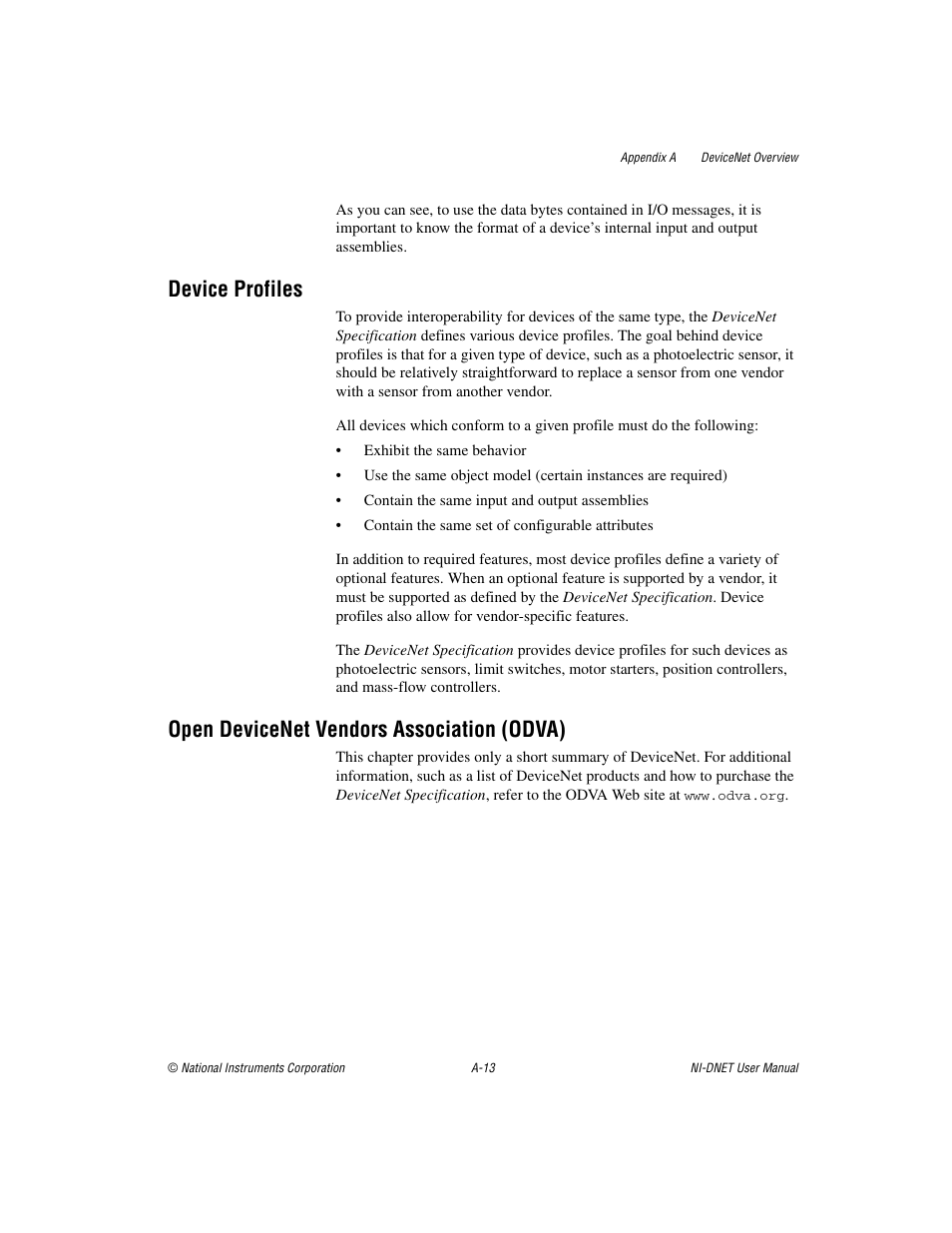 Device profiles, Open devicenet vendors association (odva) | National Instruments NI-DNET User Manual | Page 60 / 86