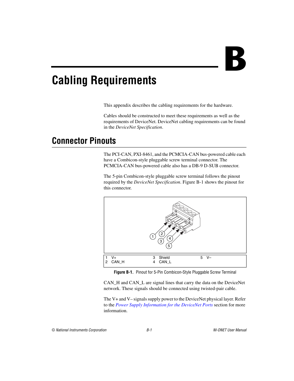 Appendix b cabling requirements, Cabling requirements, Connector pinouts | National Instruments NI-DNET User Manual | Page 61 / 86