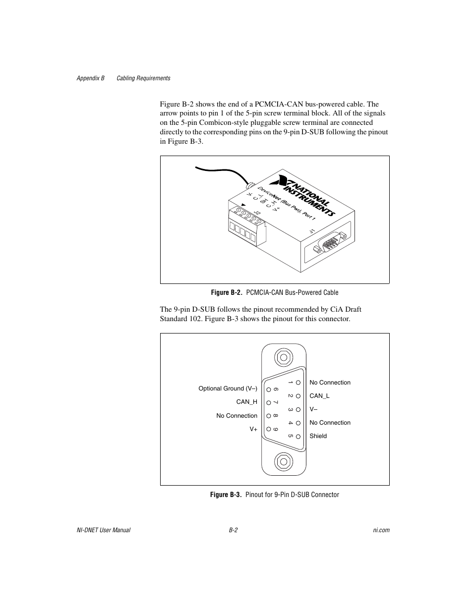 Figure b-2. pcmcia-can bus-powered cable, Figure b-3. pinout for 9-pin d-sub connector | National Instruments NI-DNET User Manual | Page 62 / 86