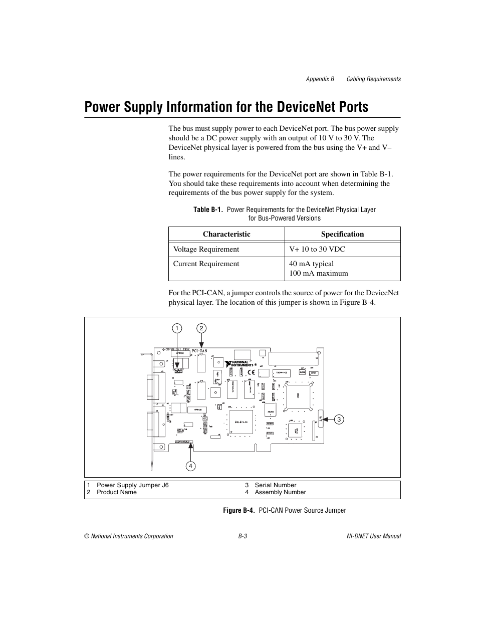 Figure b-4. pci-can power source jumper, Power supply information for the devicenet ports | National Instruments NI-DNET User Manual | Page 63 / 86
