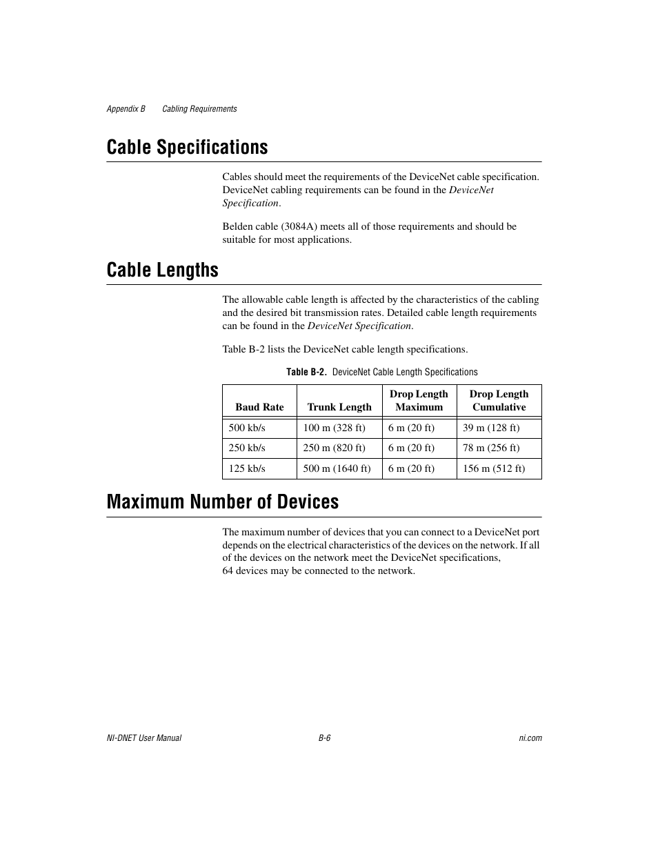 Table b-2. devicenet cable length specifications, Cable specifications, Cable lengths | Maximum number of devices | National Instruments NI-DNET User Manual | Page 66 / 86