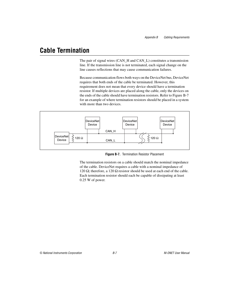 Figure b-7. termination resistor placement, Cable termination | National Instruments NI-DNET User Manual | Page 67 / 86