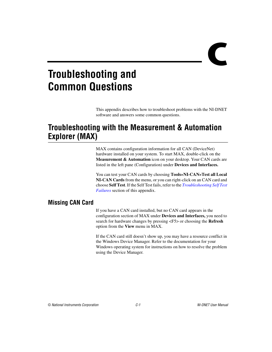 Appendix c troubleshooting and common questions, Troubleshooting and common questions | National Instruments NI-DNET User Manual | Page 69 / 86