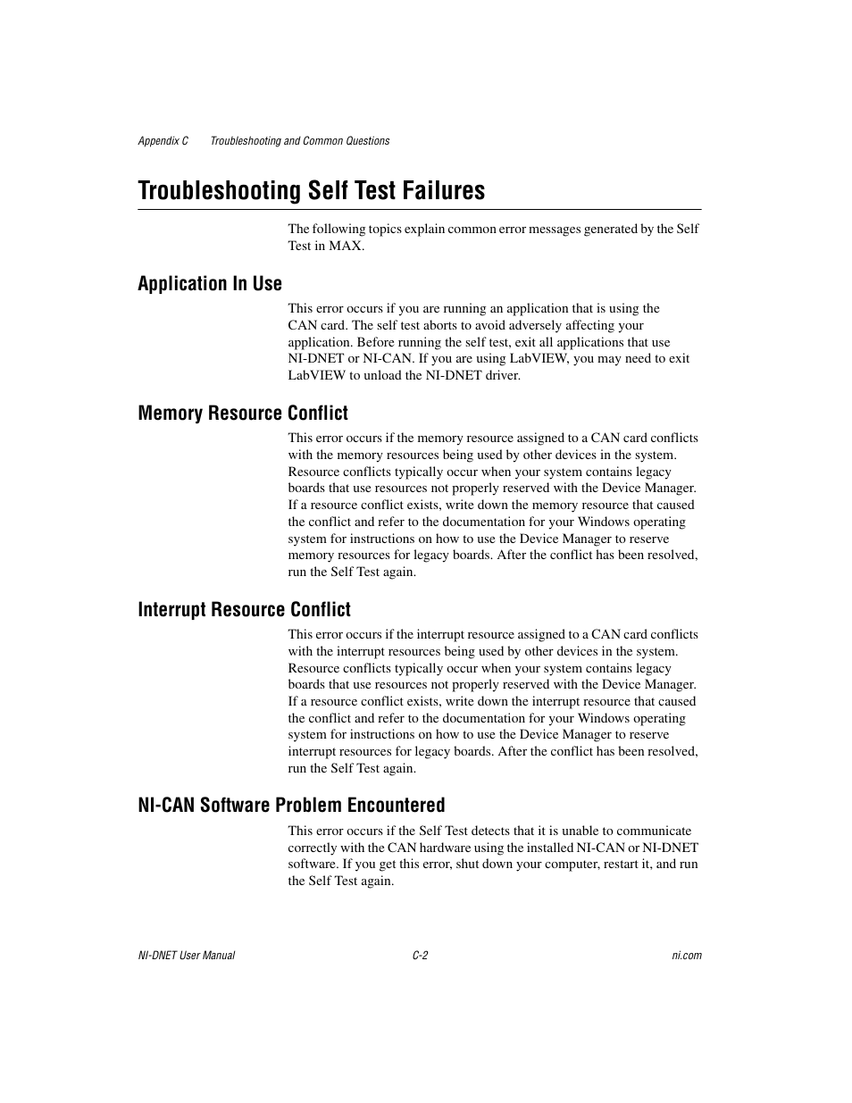 Troubleshooting self test failures, Application in use, Interrupt resource conflict | Ni-can software problem encountered | National Instruments NI-DNET User Manual | Page 70 / 86