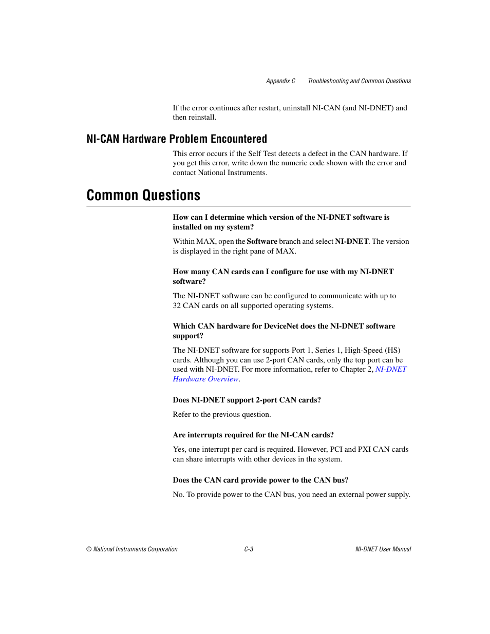 Common questions, Ni-can hardware problem encountered | National Instruments NI-DNET User Manual | Page 71 / 86