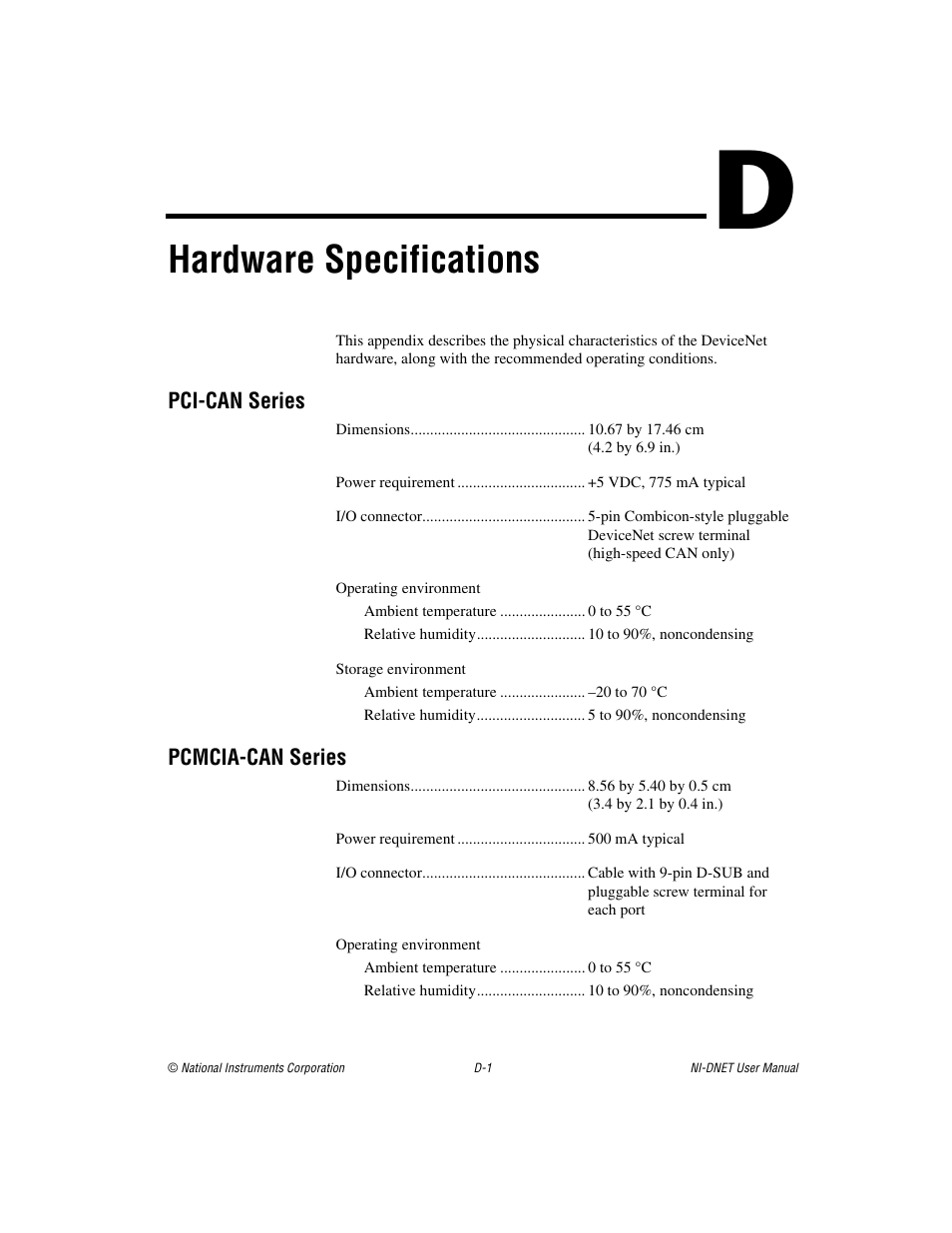 Appendix d hardware specifications, Hardware specifications | National Instruments NI-DNET User Manual | Page 73 / 86