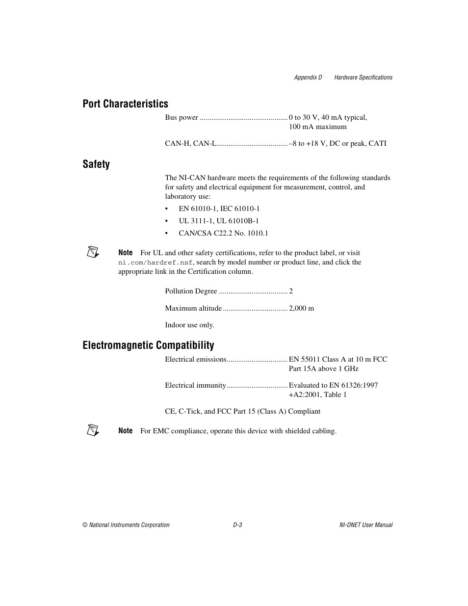 Port characteristics, Safety, Electromagnetic compatibility | National Instruments NI-DNET User Manual | Page 75 / 86