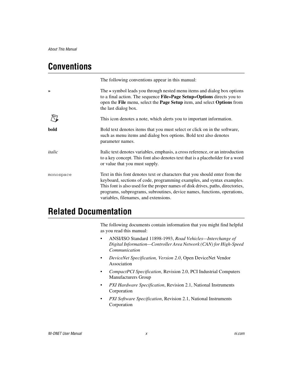Conventions, Related documentation | National Instruments NI-DNET User Manual | Page 8 / 86