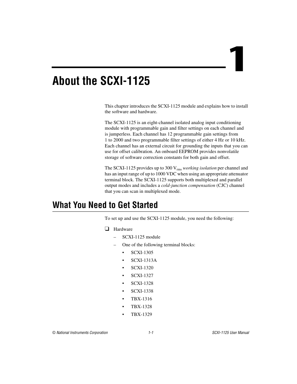 Chapter 1 about the scxi-1125, What you need to get started, What you need to get started -1 | About the scxi-1125 | National Instruments Module SCXI-1125 User Manual | Page 10 / 101