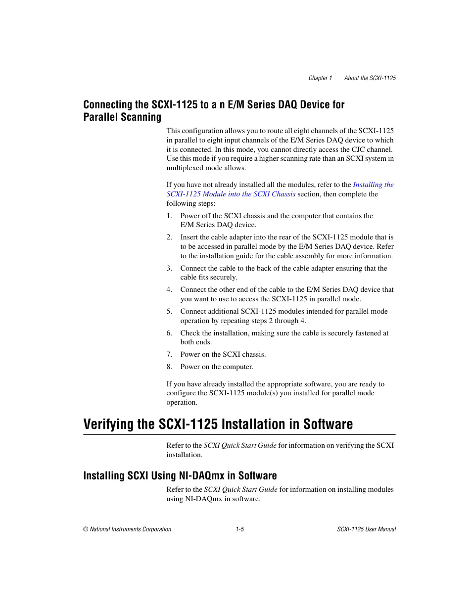 Verifying the scxi-1125 installation in software, Installing scxi using ni-daqmx in software, For parallel scanning -5 | Installing scxi using ni-daqmx in software -5 | National Instruments Module SCXI-1125 User Manual | Page 14 / 101