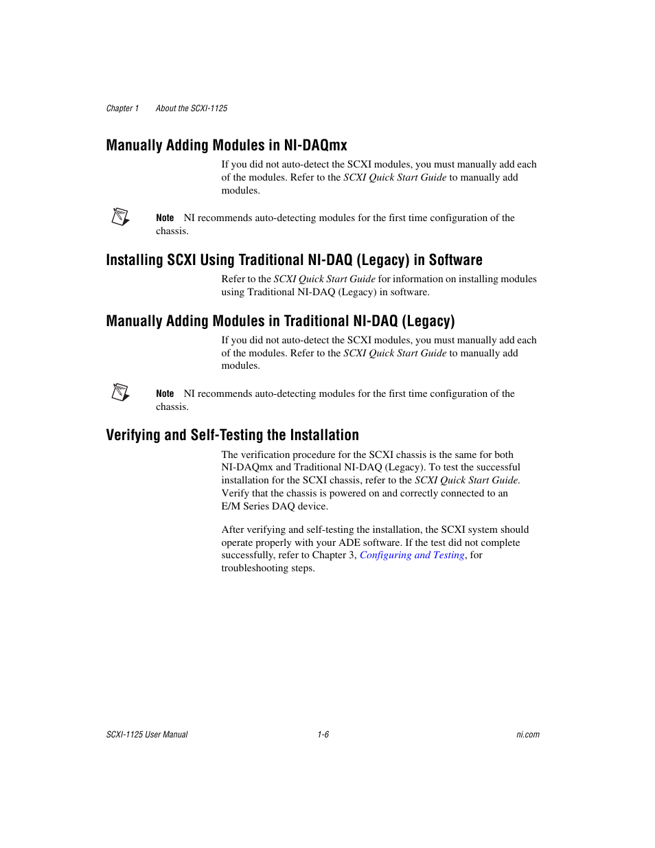 Manually adding modules in ni-daqmx, Verifying and self-testing the installation | National Instruments Module SCXI-1125 User Manual | Page 15 / 101
