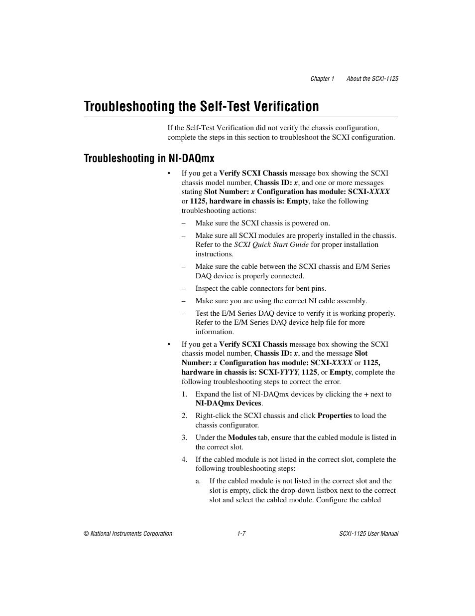 Troubleshooting the self-test verification, Troubleshooting in ni-daqmx, Troubleshooting the self-test verification -7 | Troubleshooting in ni-daqmx -7 | National Instruments Module SCXI-1125 User Manual | Page 16 / 101
