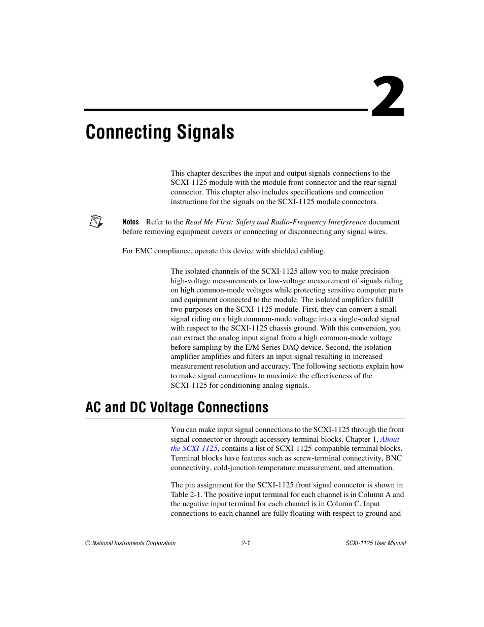 Chapter 2 connecting signals, Ac and dc voltage connections, Ac and dc voltage connections -1 | Connecting signals | National Instruments Module SCXI-1125 User Manual | Page 18 / 101