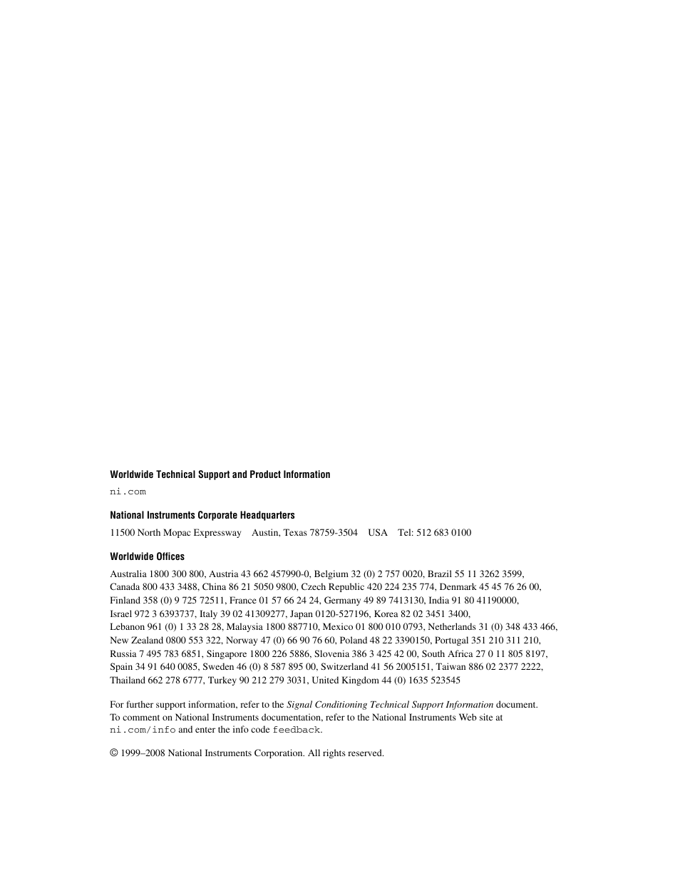 Support, National instruments corporate headquarters, Worldwide offices | National Instruments Module SCXI-1125 User Manual | Page 2 / 101