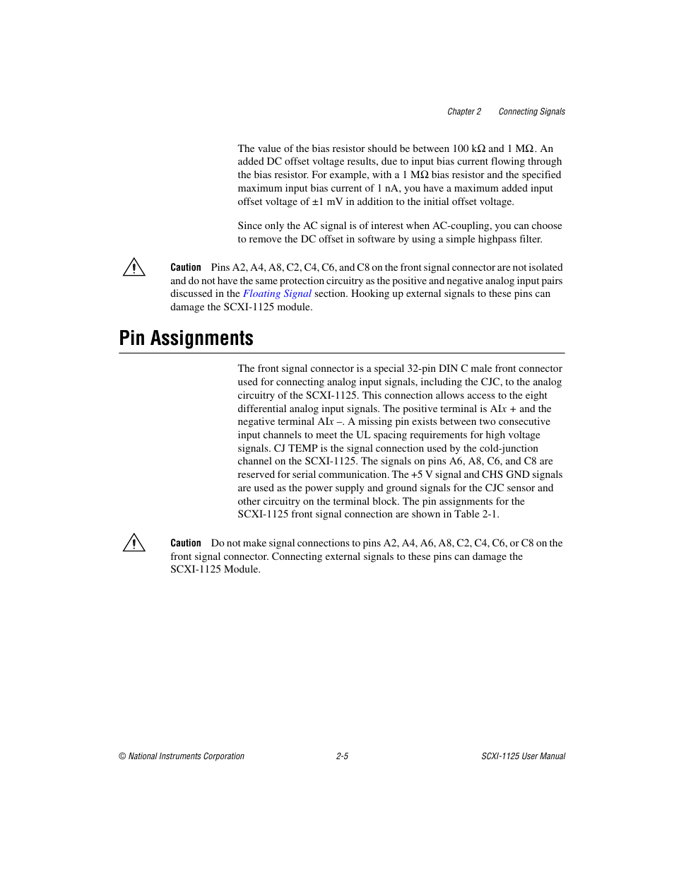 Pin assignments, Pin assignments -5 | National Instruments Module SCXI-1125 User Manual | Page 22 / 101