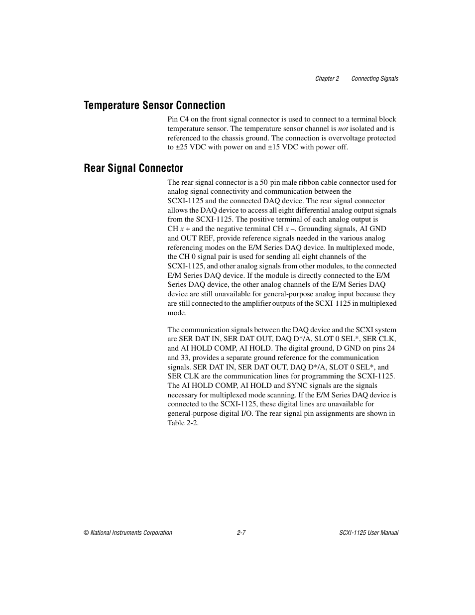 Temperature sensor connection, Rear signal connector | National Instruments Module SCXI-1125 User Manual | Page 24 / 101