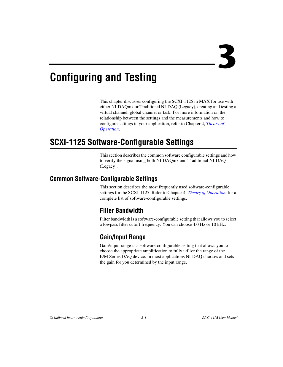 Chapter 3 configuring and testing, Scxi-1125 software-configurable settings, Common software-configurable settings | Filter bandwidth, Gain/input range, Scxi-1125 software-configurable settings -1, Common software-configurable settings -1, Filter bandwidth -1 gain/input range -1, Configuring and testing | National Instruments Module SCXI-1125 User Manual | Page 26 / 101
