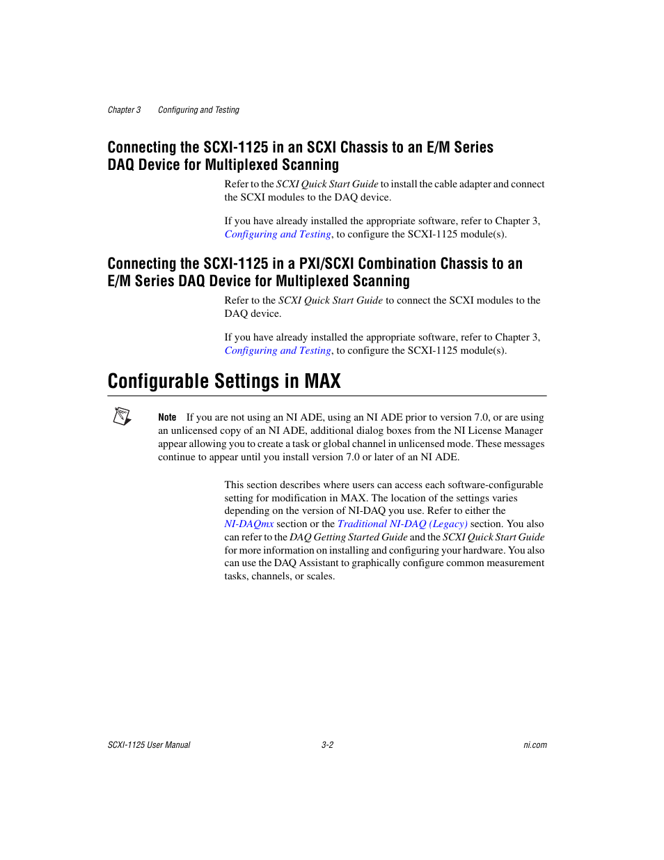 Configurable settings in max, Connecting the scxi-1125 in an scxi chassis, Configurable settings in max -2 | National Instruments Module SCXI-1125 User Manual | Page 27 / 101