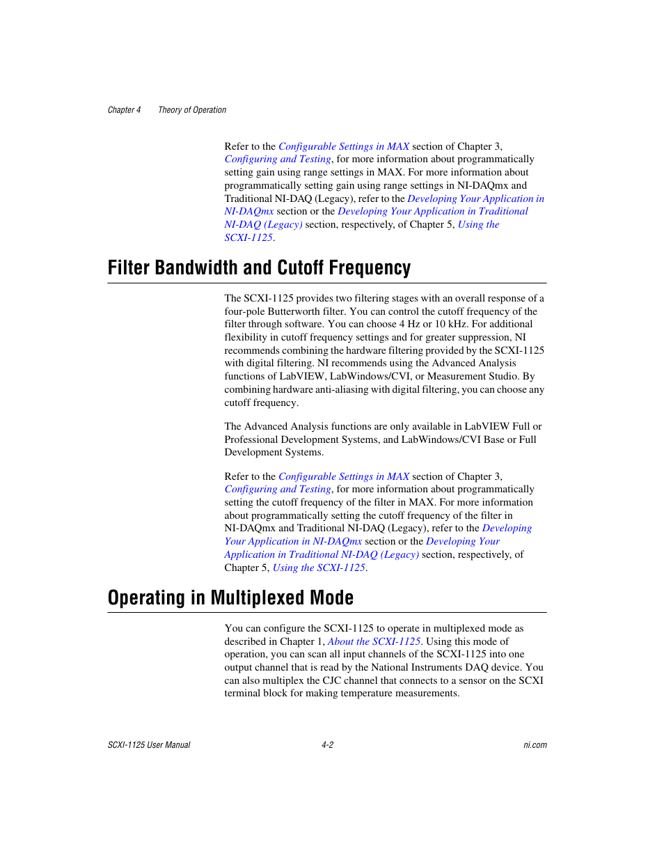 Filter bandwidth and cutoff frequency, Operating in multiplexed mode | National Instruments Module SCXI-1125 User Manual | Page 35 / 101