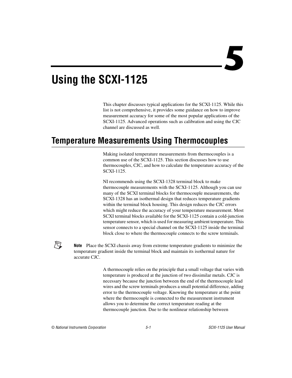 Chapter 5 using the scxi-1125, Temperature measurements using thermocouples, Temperature measurements using thermocouples -1 | Of chapter 5, Using the, Scxi-1125, Ter 5, Using the scxi-1125 | National Instruments Module SCXI-1125 User Manual | Page 38 / 101