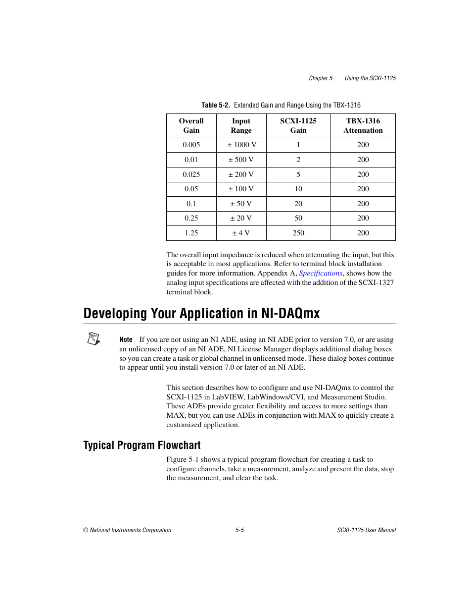 Developing your application in ni-daqmx, Typical program flowchart, Developing your application in ni-daqmx -5 | Typical program flowchart -5, Developing your application in, Ni-daqmx, Sectio, Developing, Your application in ni-daqmx | National Instruments Module SCXI-1125 User Manual | Page 42 / 101