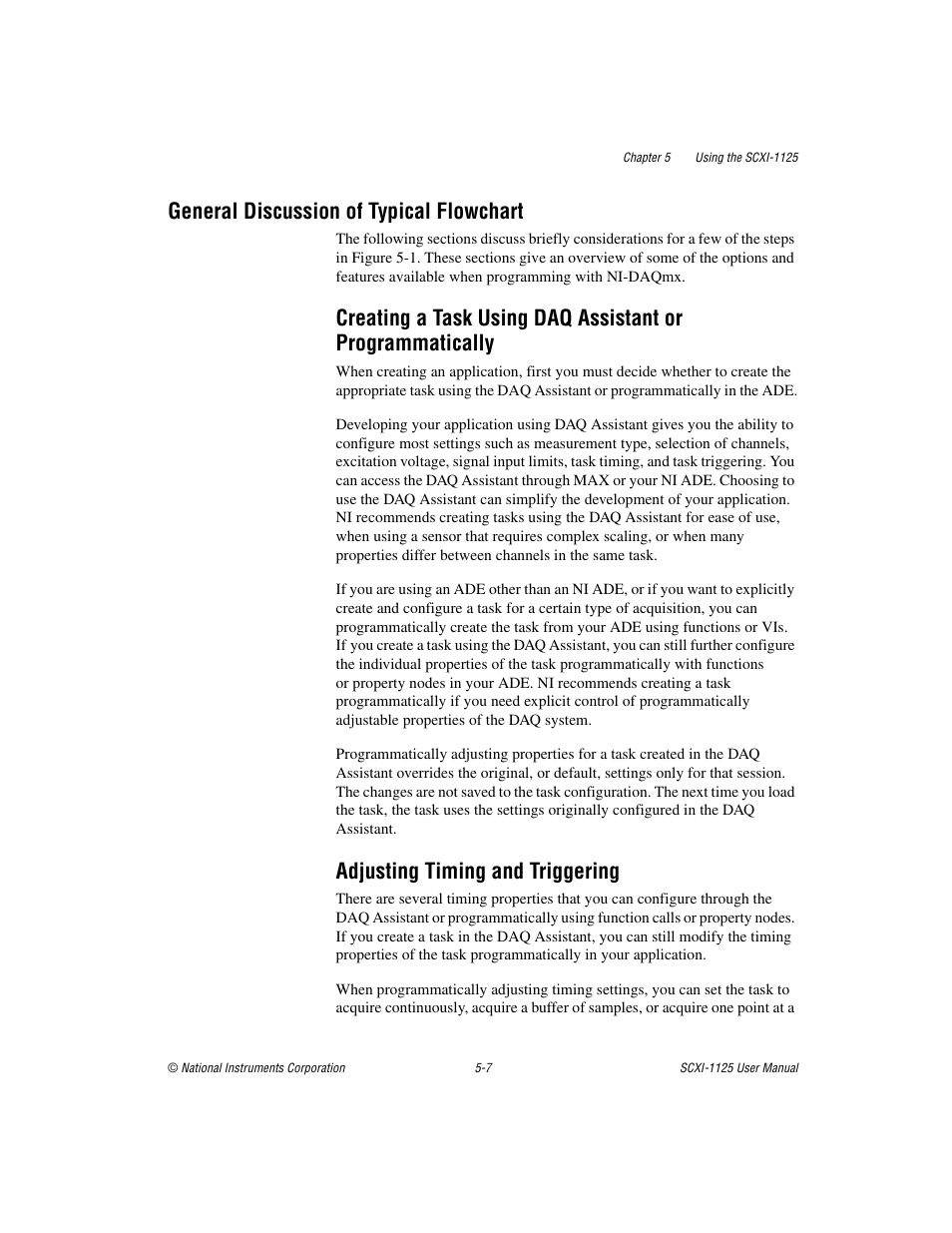 General discussion of typical flowchart, Adjusting timing and triggering, General discussion of typical flowchart -7 | National Instruments Module SCXI-1125 User Manual | Page 44 / 101