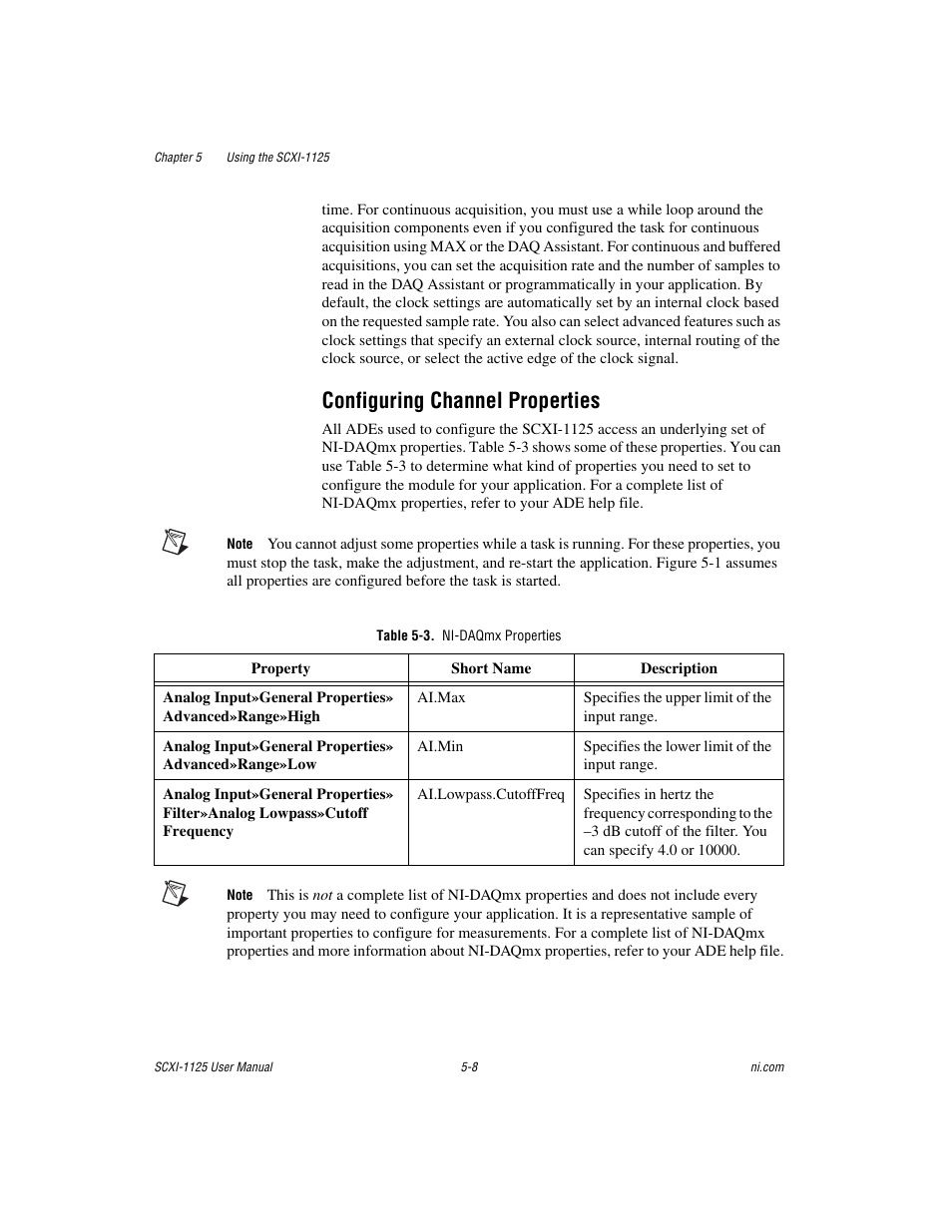 Configuring channel properties, Table 5-3. ni-daqmx properties, Configuring channel properties -8 | National Instruments Module SCXI-1125 User Manual | Page 45 / 101