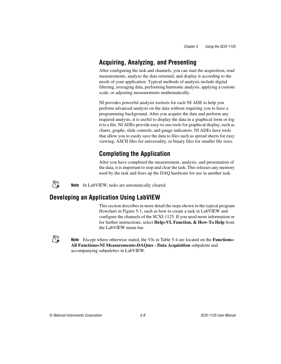 Acquiring, analyzing, and presenting, Completing the application, Developing an application using labview | Developing an application using labview -9 | National Instruments Module SCXI-1125 User Manual | Page 46 / 101