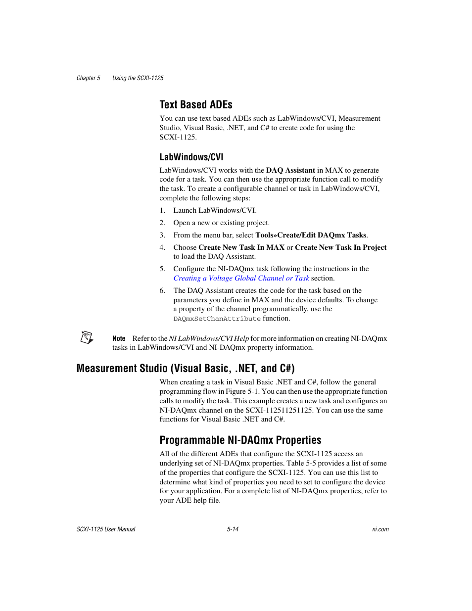 Text based ades, Measurement studio (visual basic, .net, and c#), Programmable ni-daqmx properties | Text based ades -14, Programmable ni-daqmx properties -14 | National Instruments Module SCXI-1125 User Manual | Page 51 / 101