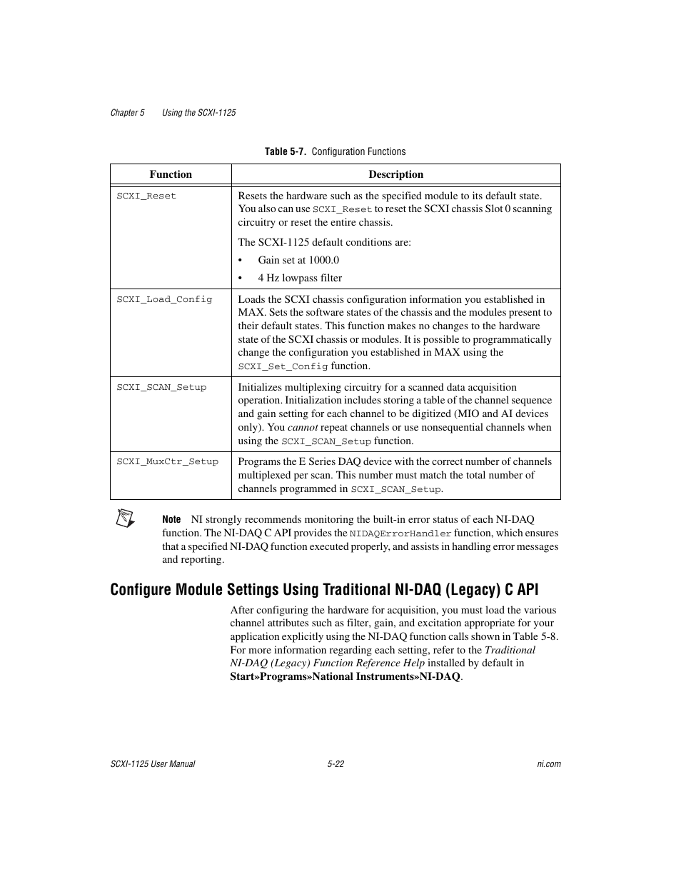 Table 5-7. configuration functions | National Instruments Module SCXI-1125 User Manual | Page 59 / 101