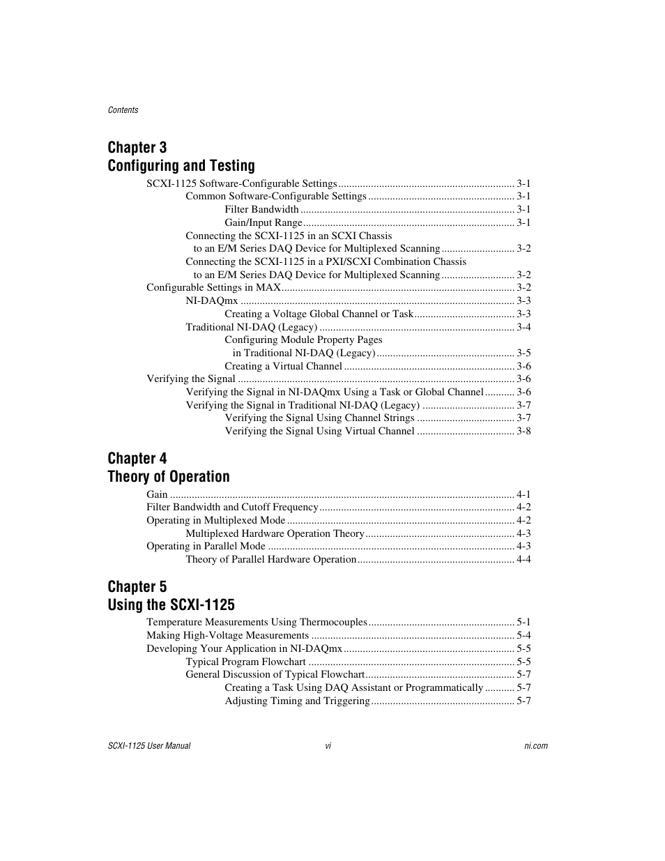 Chapter 3 configuring and testing, Chapter 4 theory of operation | National Instruments Module SCXI-1125 User Manual | Page 6 / 101
