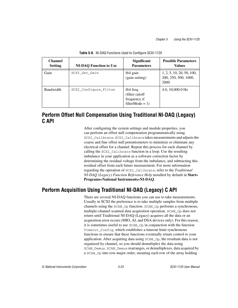Perform offset null compensation, Using traditional ni-daq (legacy) c api -23 | National Instruments Module SCXI-1125 User Manual | Page 60 / 101