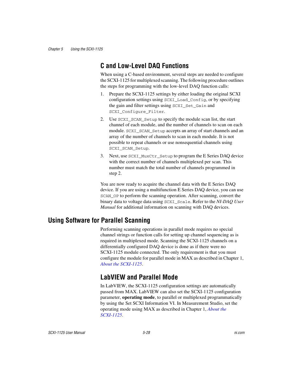 C and low-level daq functions, Using software for parallel scanning, Labview and parallel mode | C and low-level daq functions -28, Using software for parallel scanning -28, Labview and parallel mode -28 | National Instruments Module SCXI-1125 User Manual | Page 65 / 101