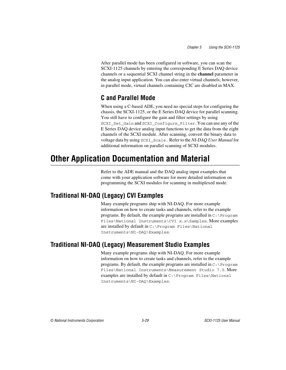 C and parallel mode, Other application documentation and material, Traditional ni-daq (legacy) cvi examples | C and parallel mode -29, Other application documentation and material -29 | National Instruments Module SCXI-1125 User Manual | Page 66 / 101