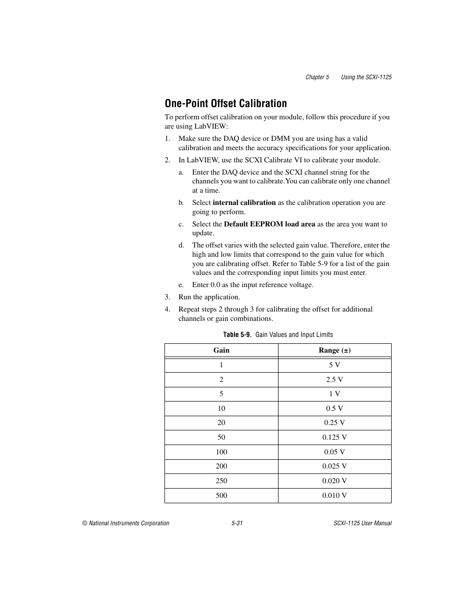 One-point offset calibration, Table 5-9. gain values and input limits, One-point offset calibration -31 | National Instruments Module SCXI-1125 User Manual | Page 68 / 101