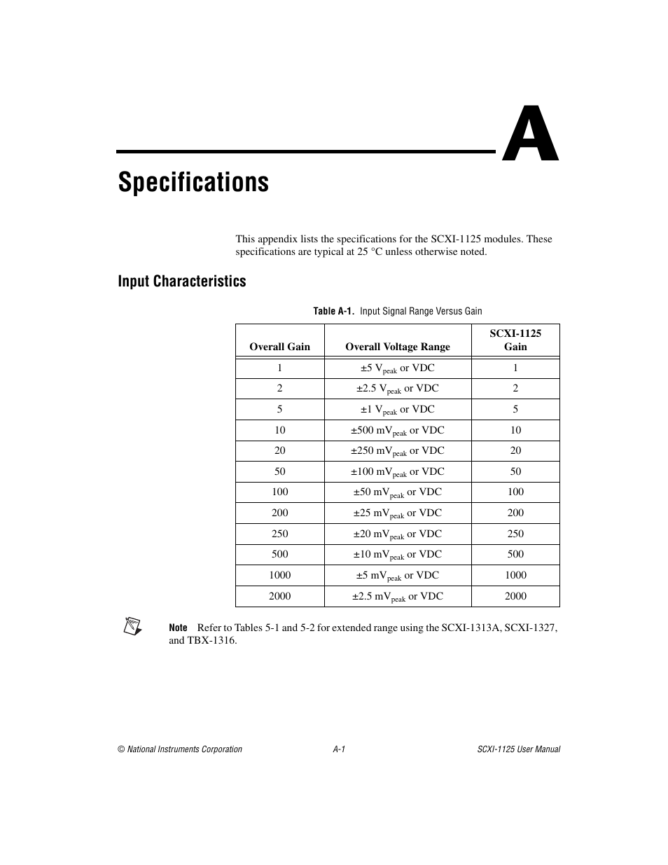 Appendix a specifications, Table a-1. input signal range versus gain, Specifications | Input characteristics | National Instruments Module SCXI-1125 User Manual | Page 70 / 101