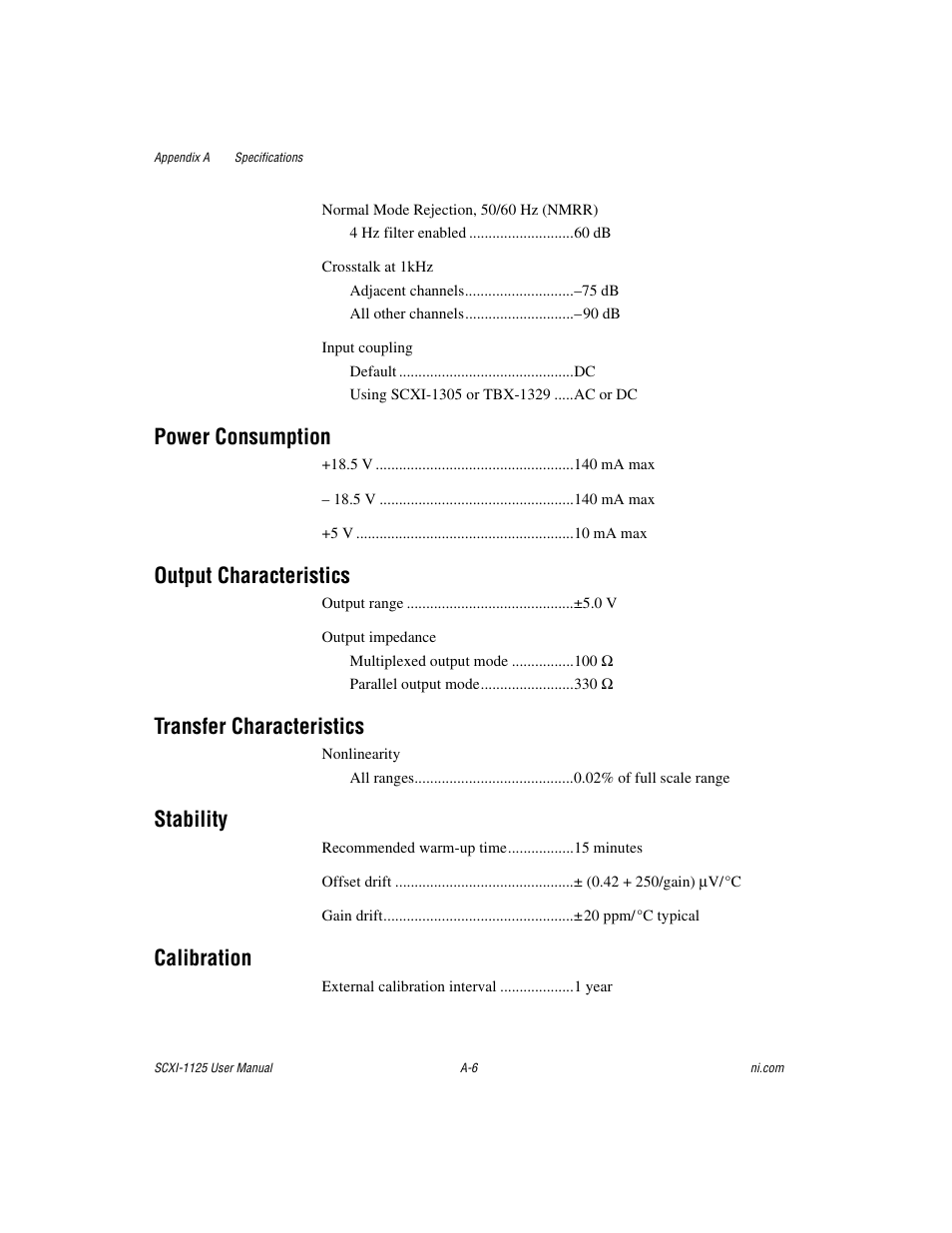 Power consumption, Output characteristics, Transfer characteristics | Stability, Calibration | National Instruments Module SCXI-1125 User Manual | Page 75 / 101