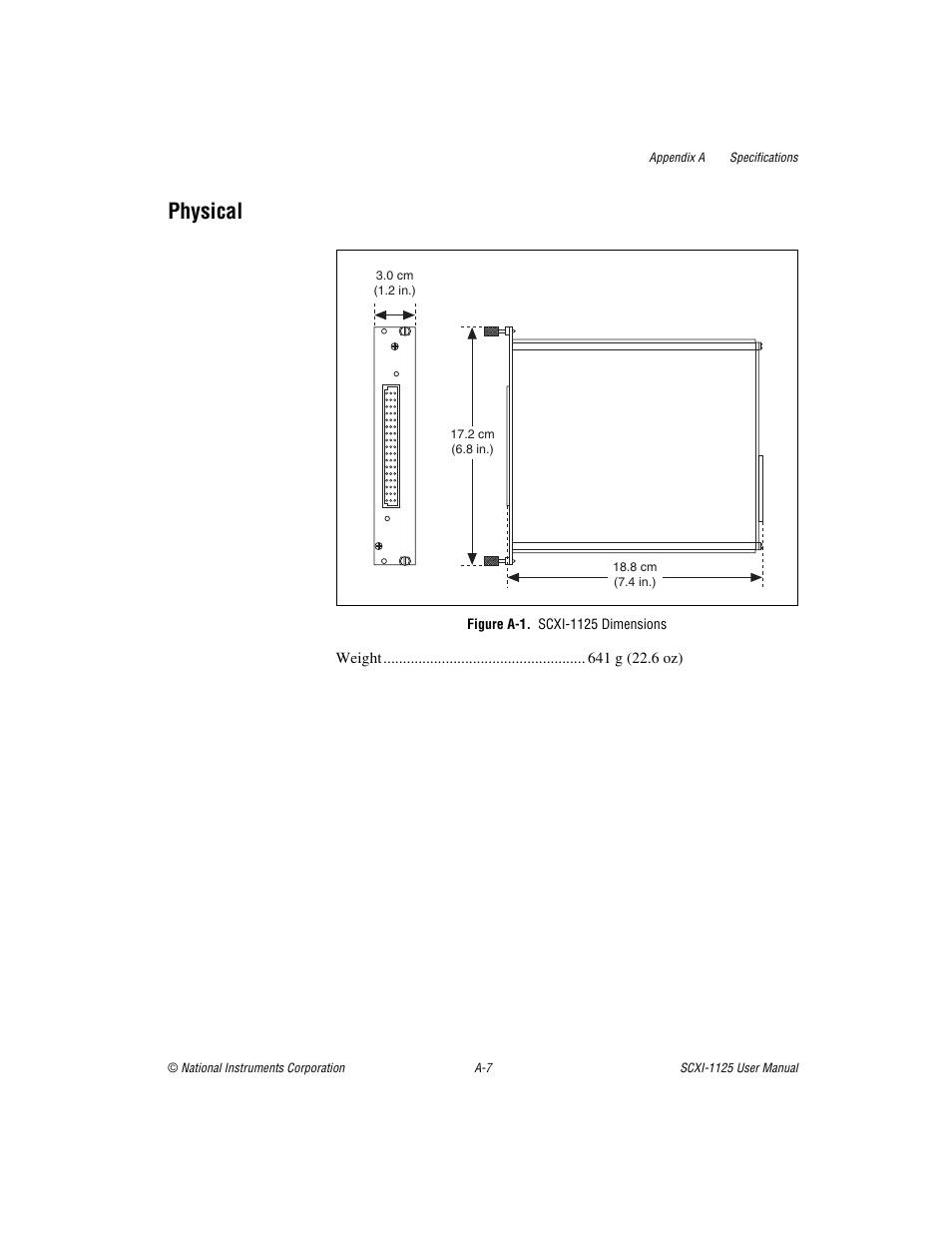 Figure a-1. scxi-1125 dimensions, Physical | National Instruments Module SCXI-1125 User Manual | Page 76 / 101